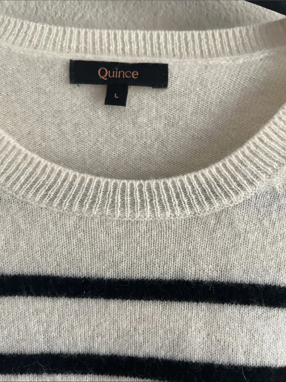 Quince 100% Mongolian Cashmere Crewneck Sweater Ivory Black Stripe Women’s L - Picture 3 of 7
